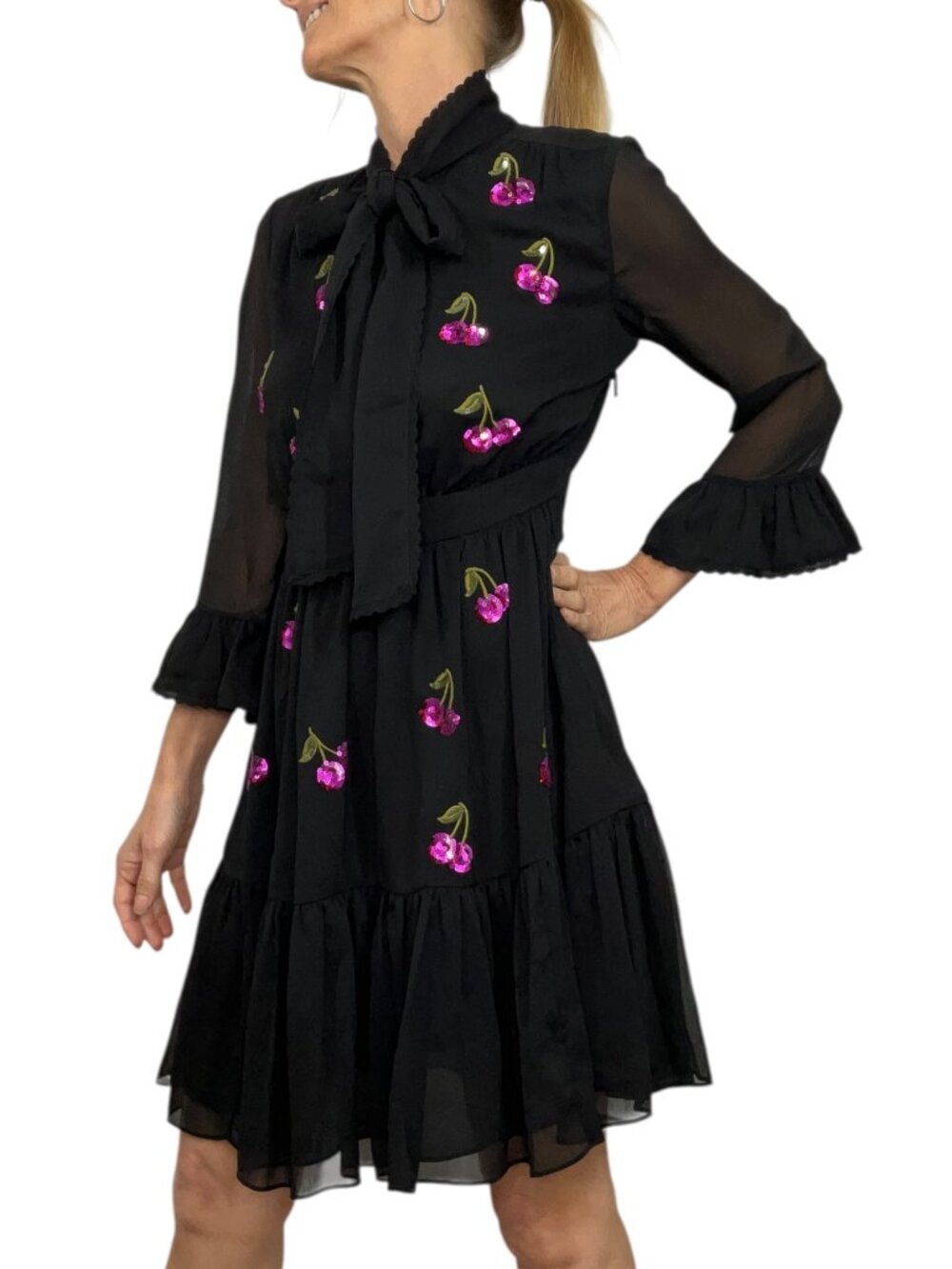 Kate Spade Sequins Cherries Shirtdress 4 Black Mini - Picture 4 of 16